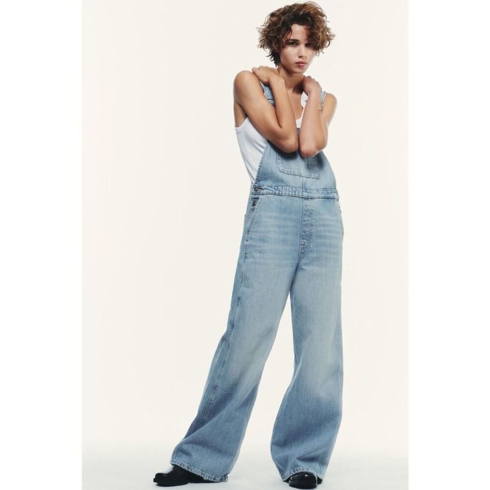 Zara Women Overalls XS Light Blue Denim Dungarees Relaxed Straight 8727/081 NWOT